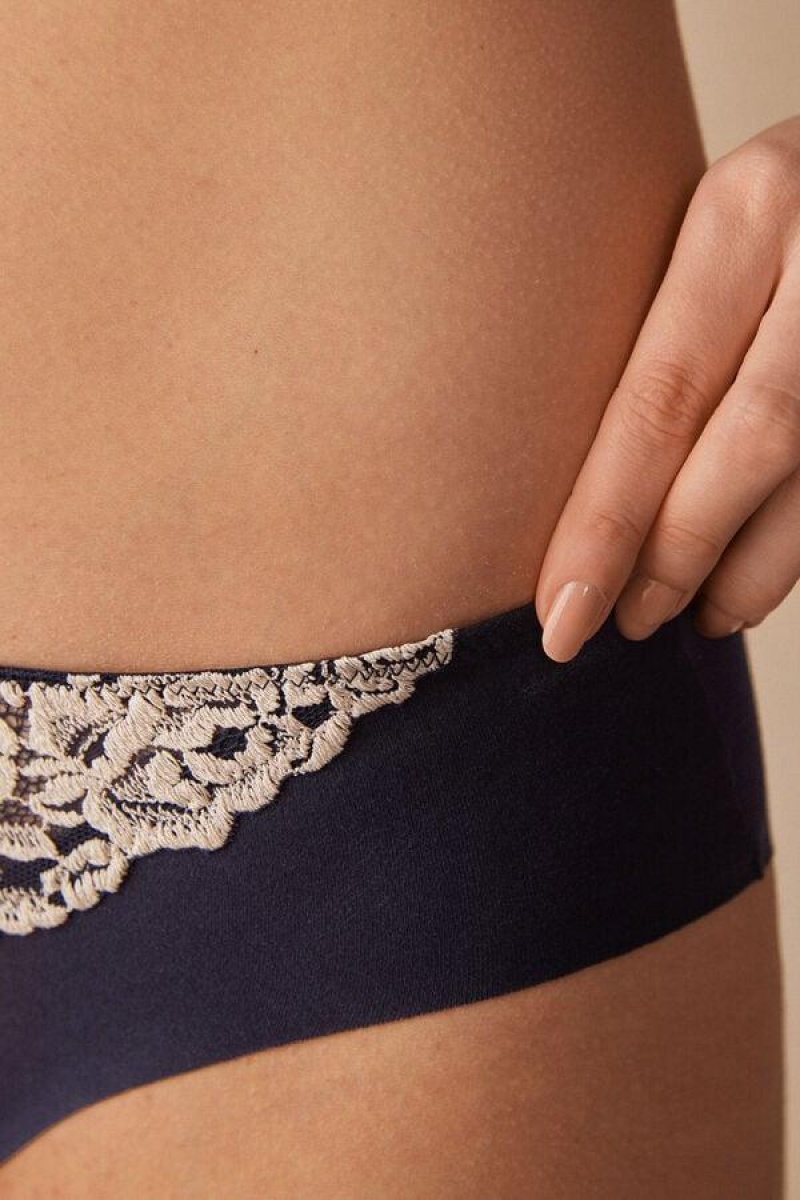 Dámské Kalhotky Intimissimi Pretty Flowers Seamless Bavlněné Tmavě Blankyt Světle Žluté | CZ DN3640