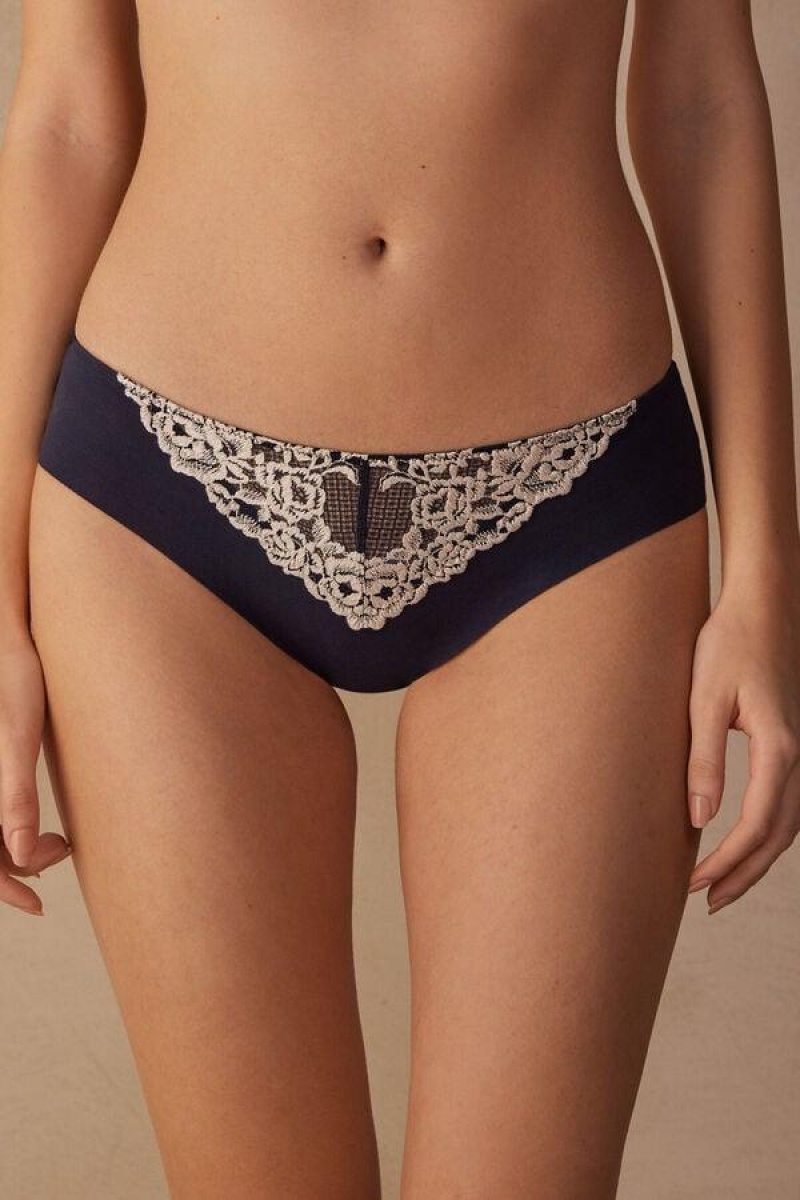 Dámské Kalhotky Intimissimi Pretty Flowers Seamless Bavlněné Tmavě Blankyt Světle Žluté | CZ DN3640