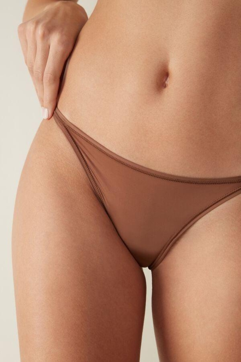 Dámské Kalhotky Intimissimi Tanga with Ultralight Microfiber Straps Tmavě Béžový | CZ ZG3763