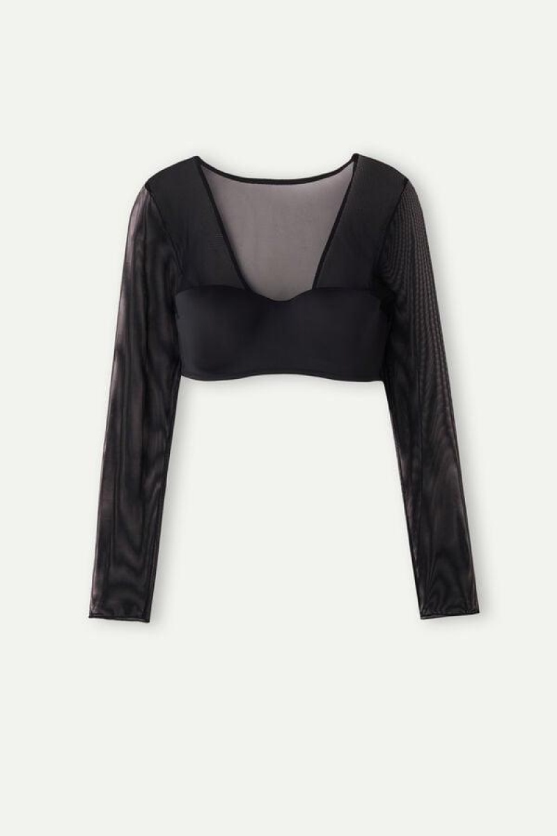 Dámské Podprsenky Intimissimi Long Sleeve Top in Ultralight Microfiber and Tulle Černé | CZ FM4908