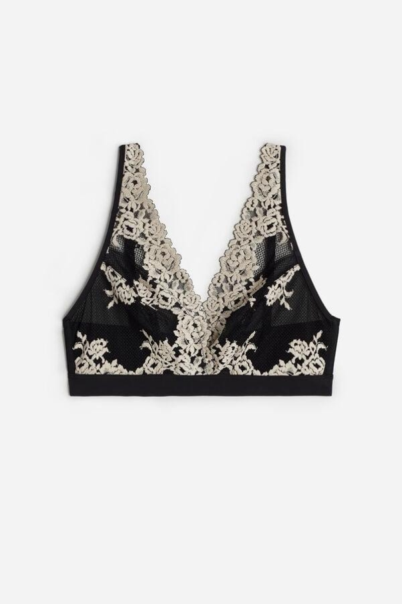 Dámské Podprsenky Intimissimi Pretty Flowers Lara Triangle Černé Bílé | CZ NB4923