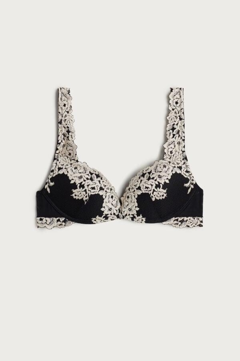 Dámské Podprsenky Intimissimi Pretty Flowers Gioia Super Push-up Černé Bílé | CZ DN4732