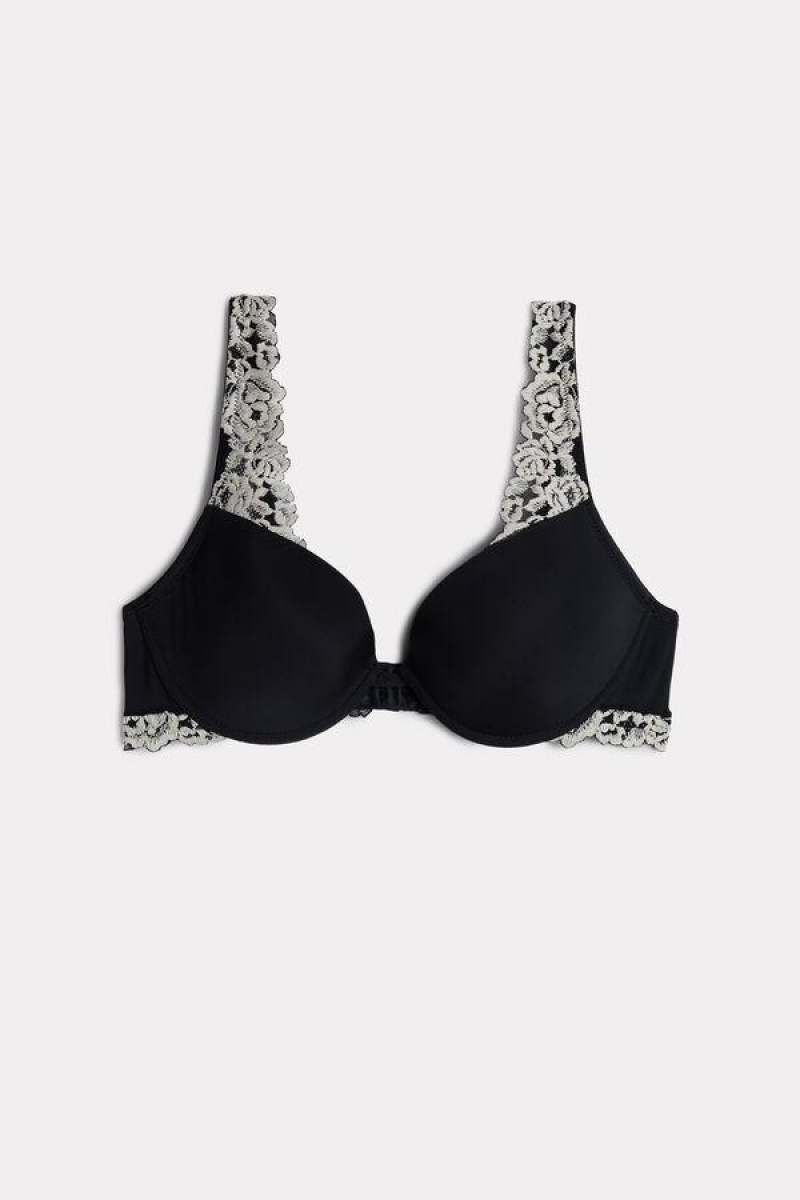 Dámské Podprsenky Intimissimi Pretty Flowers Microfiber Bellissima Push-up Černé Bílé | CZ EX4717