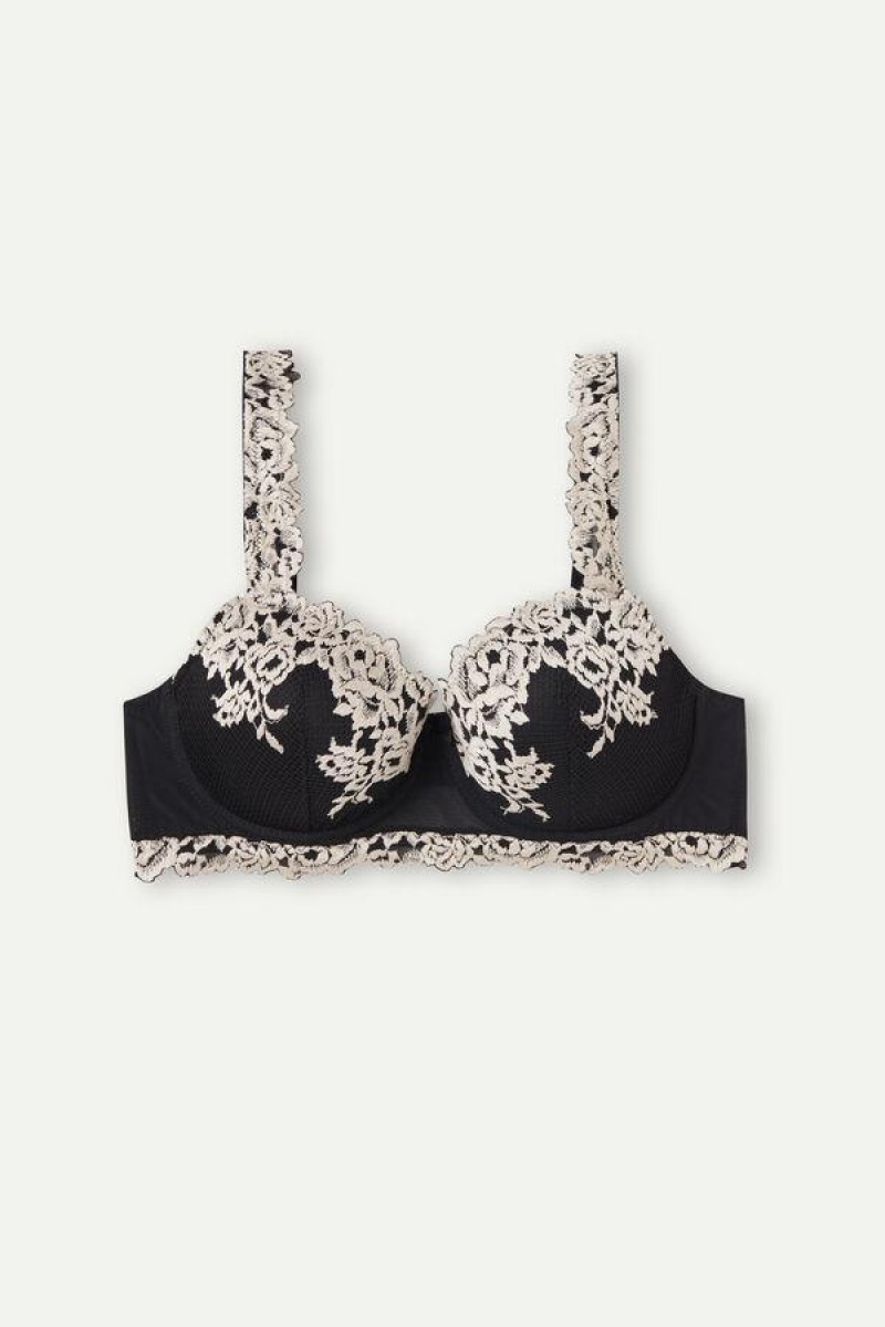 Dámské Podprsenky Intimissimi Pretty Flowers Sofia Balconette Černé Bílé | CZ LH4492