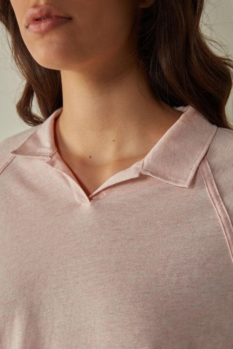 Dámské Pyžama Intimissimi Bavlněné Rouches Long Sleeve Polo Růžové | CZ GL3873