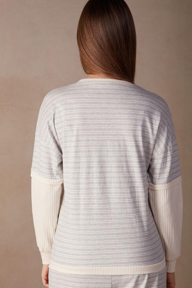 Dámské Pyžama Intimissimi Běžné Sunday Long Sleeve Top Šedé Světle Žluté Béžový Proužek | CZ XF3918