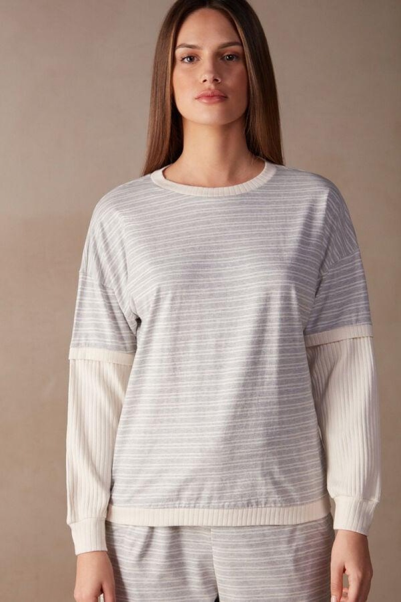 Dámské Pyžama Intimissimi Běžné Sunday Long Sleeve Top Šedé Světle Žluté Béžový Proužek | CZ XF3918