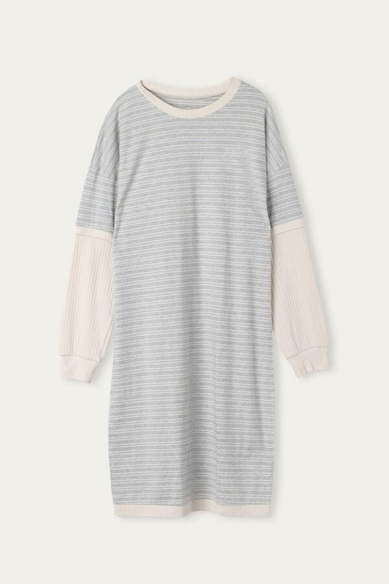 Dámské Pyžama Intimissimi Běžné Sunday Long Sleeve Nightshirt Šedé Světle Žluté Béžový Proužek | CZ GL3839