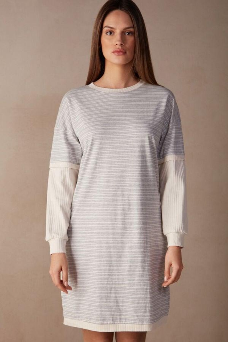 Dámské Pyžama Intimissimi Běžné Sunday Long Sleeve Nightshirt Šedé Světle Žluté Béžový Proužek | CZ GL3839