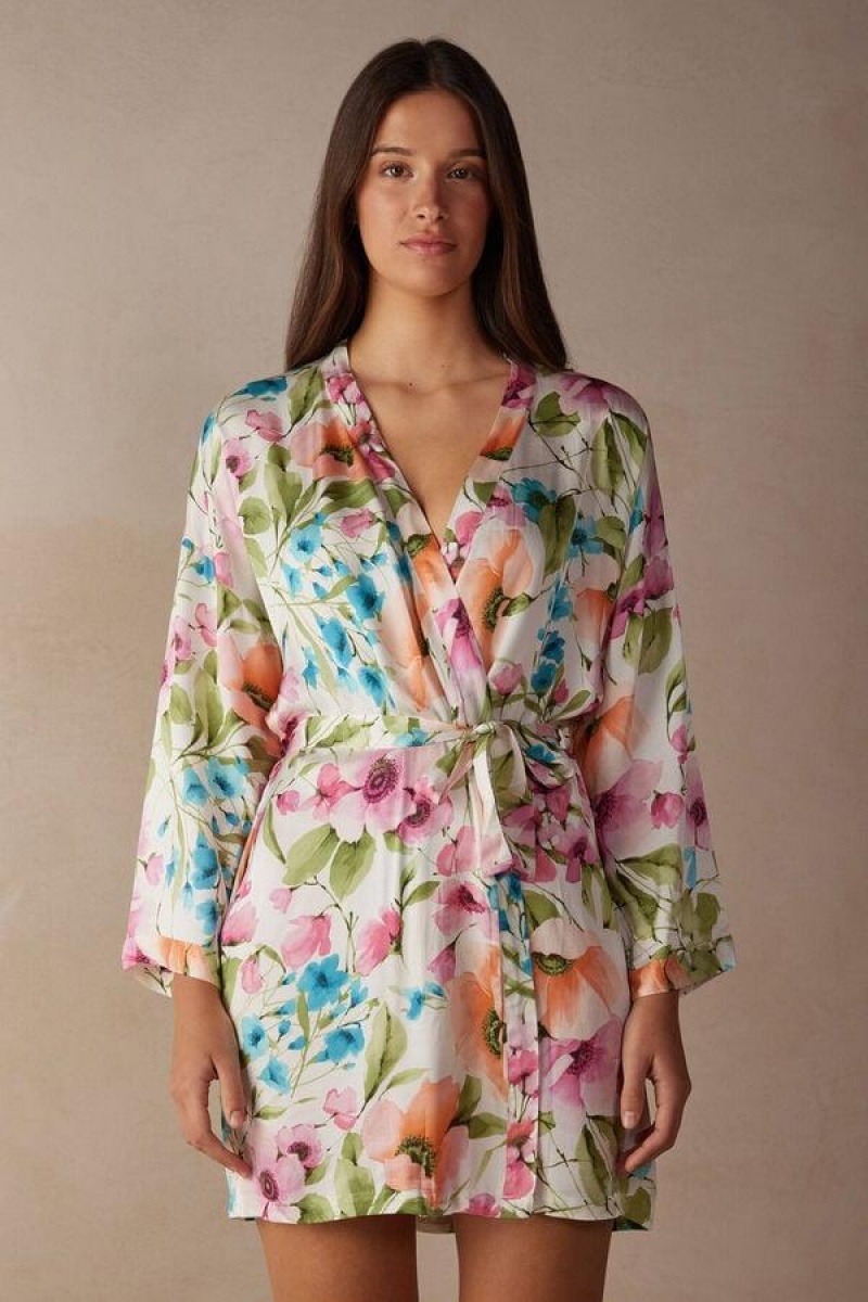 Dámské Pyžama Intimissimi Botanical Lyrics Satin Kimono Viacfarebný | CZ NB3862