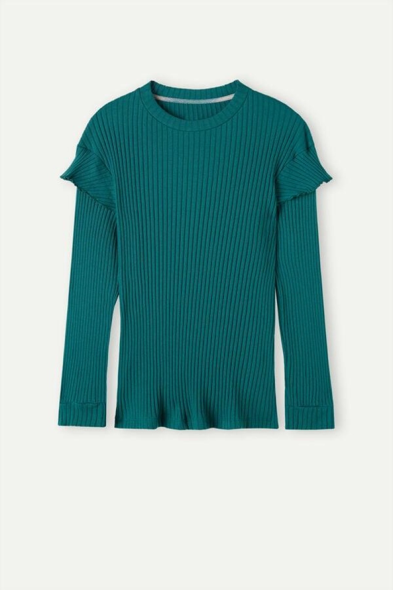 Dámské Pyžama Intimissimi Cozy Mountains Long Sleeve Žebrovaný Top Zelene | CZ HK3897