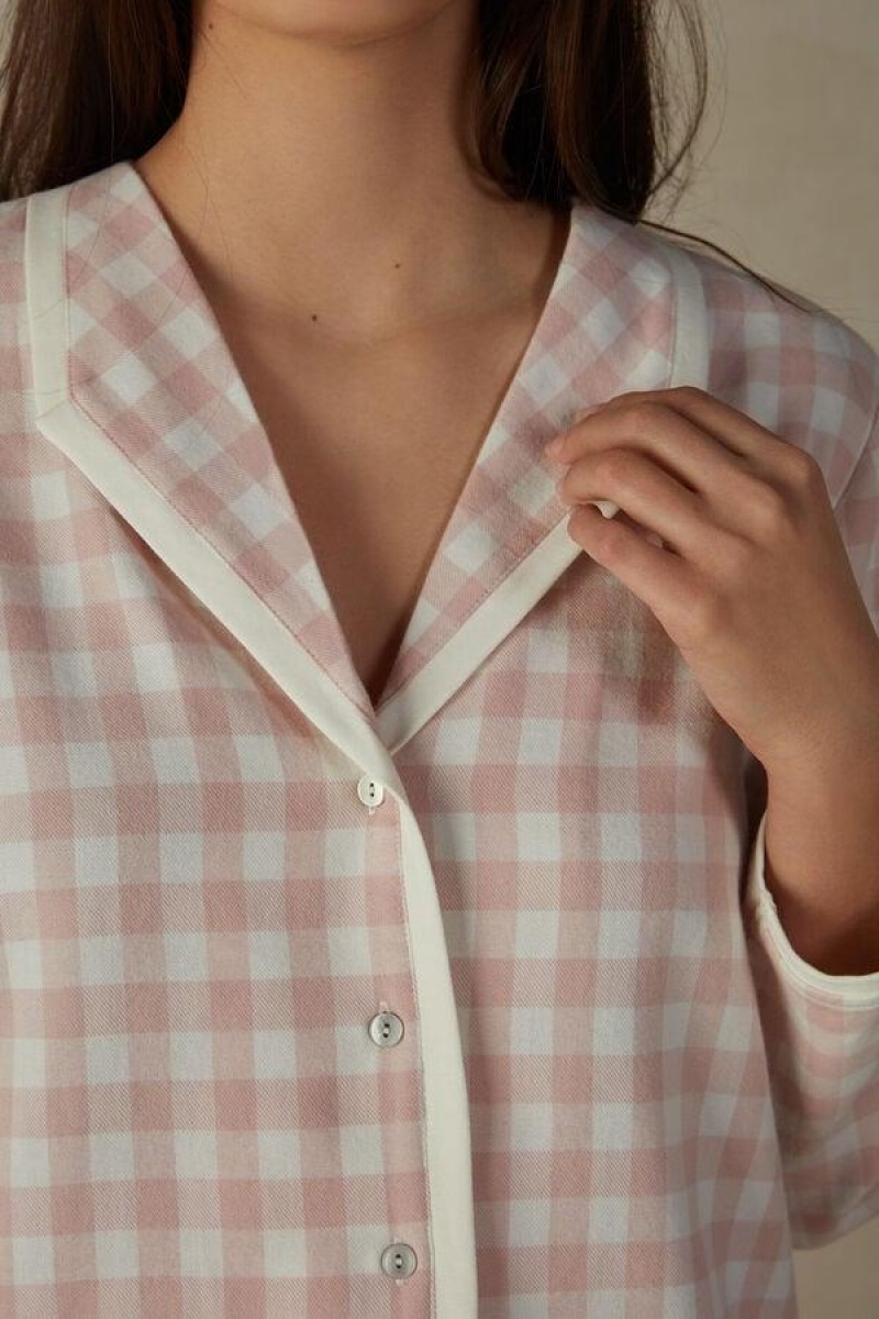 Dámské Pyžama Intimissimi Gingham Lover Shirt in Brushed Cloth Růžové | CZ PQ3878