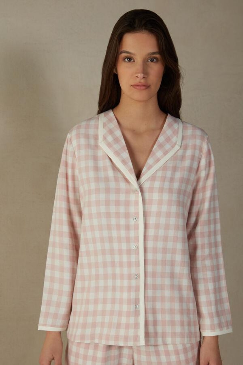 Dámské Pyžama Intimissimi Gingham Lover Shirt in Brushed Cloth Růžové | CZ PQ3878