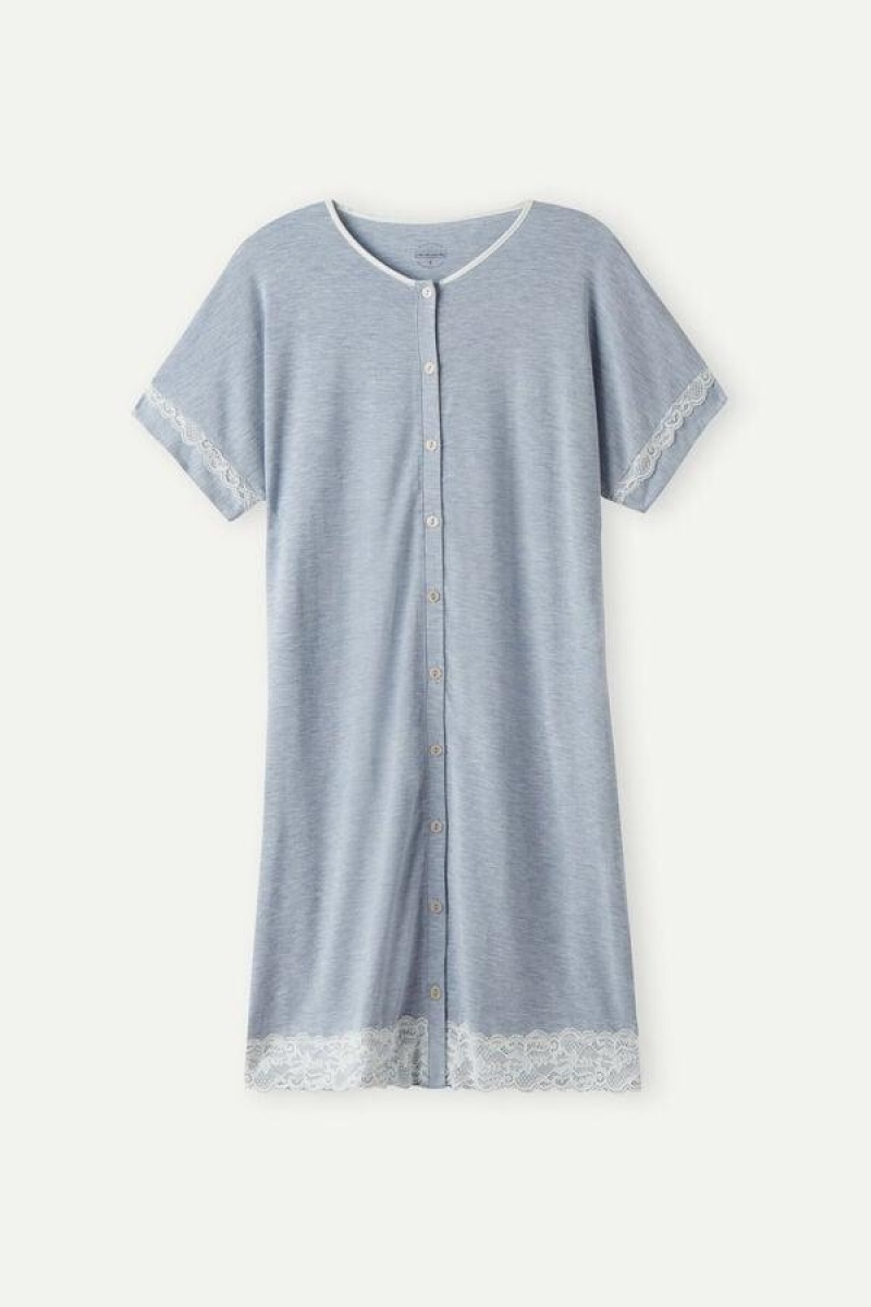 Dámské Pyžama Intimissimi Krajkové Trim Button Up Nightgown Světle Blankyt | CZ AP3843