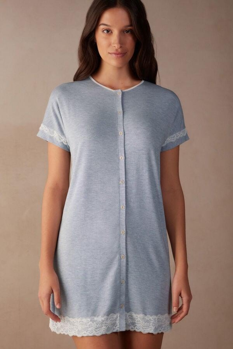 Dámské Pyžama Intimissimi Krajkové Trim Button Up Nightgown Světle Blankyt | CZ AP3843