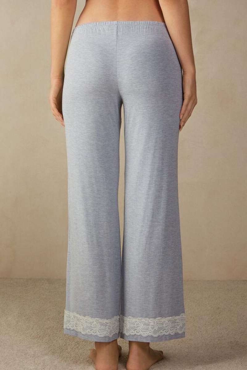 Dámské Pyžama Intimissimi Krajkové Trim Full Length Pants in Modal Světle Blankyt | CZ FM3996