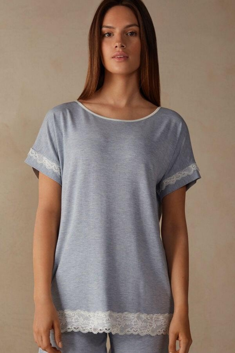 Dámské Pyžama Intimissimi Krátké-Sleeve Modal Top with Krajkové Detail Světle Blankyt | CZ WY3938