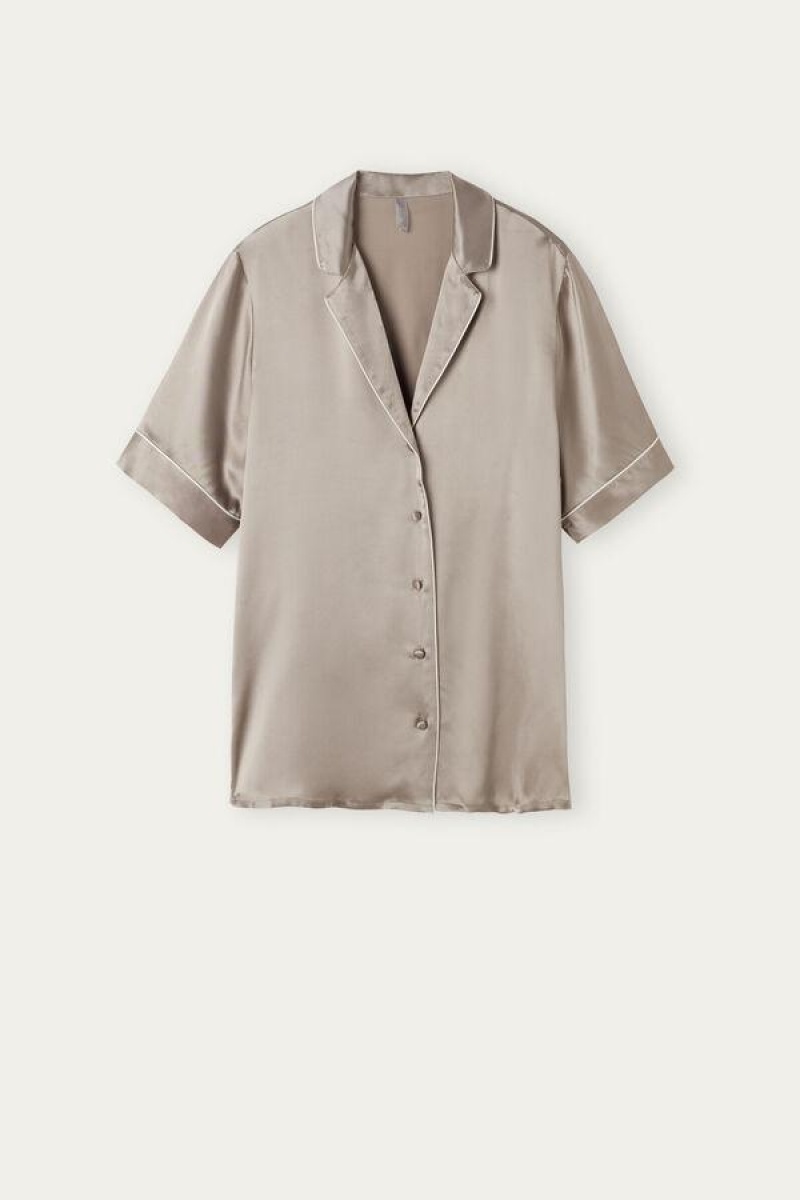 Dámské Pyžama Intimissimi Krátké Sleeve Silk Shirt with Contrast Trim Béžový | CZ IS3932