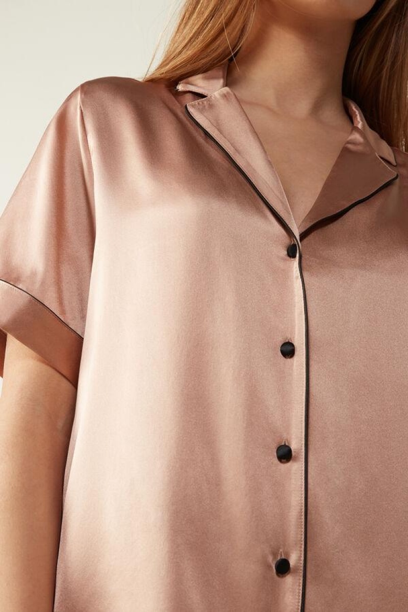 Dámské Pyžama Intimissimi Krátké Sleeve Silk Shirt with Contrast Trim Růžové | CZ AP3929