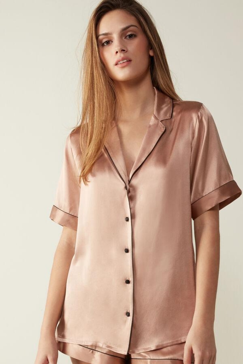 Dámské Pyžama Intimissimi Krátké Sleeve Silk Shirt with Contrast Trim Růžové | CZ AP3929