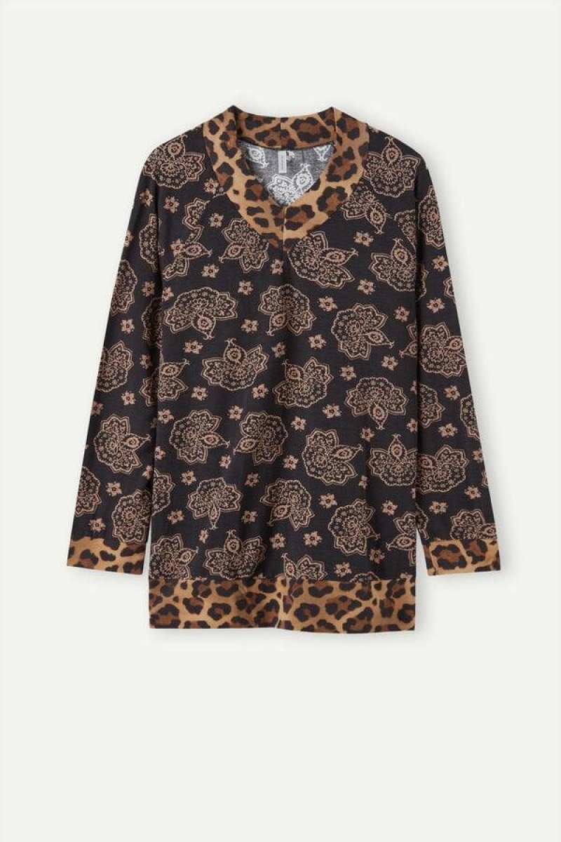 Dámské Pyžama Intimissimi Lady Animalier Long Sleeve Modal Top Černé | CZ FM3899