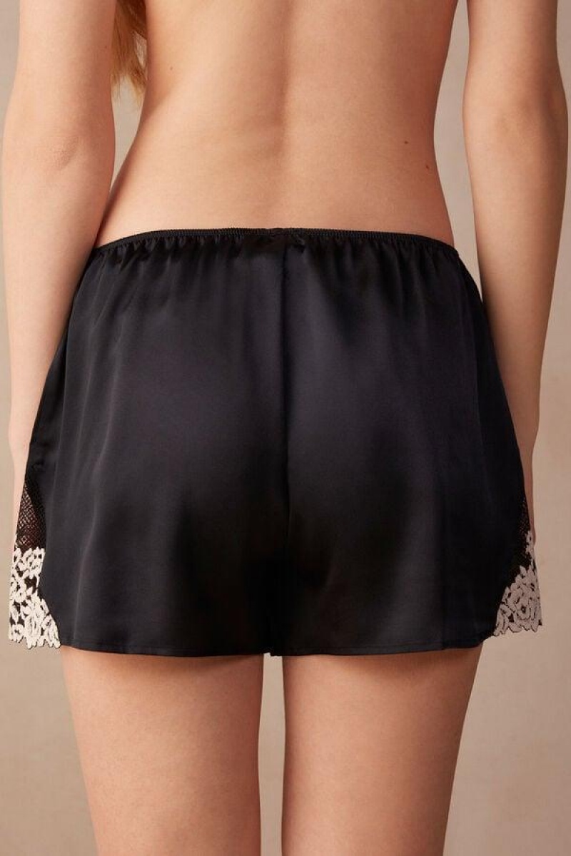 Dámské Pyžama Intimissimi Pretty Flowers Silk Shorts Černé Bílé | CZ PQ4059