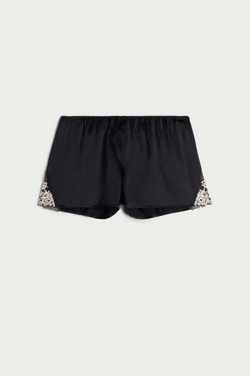 Dámské Pyžama Intimissimi Pretty Flowers Silk Shorts Černé Bílé | CZ PQ4059