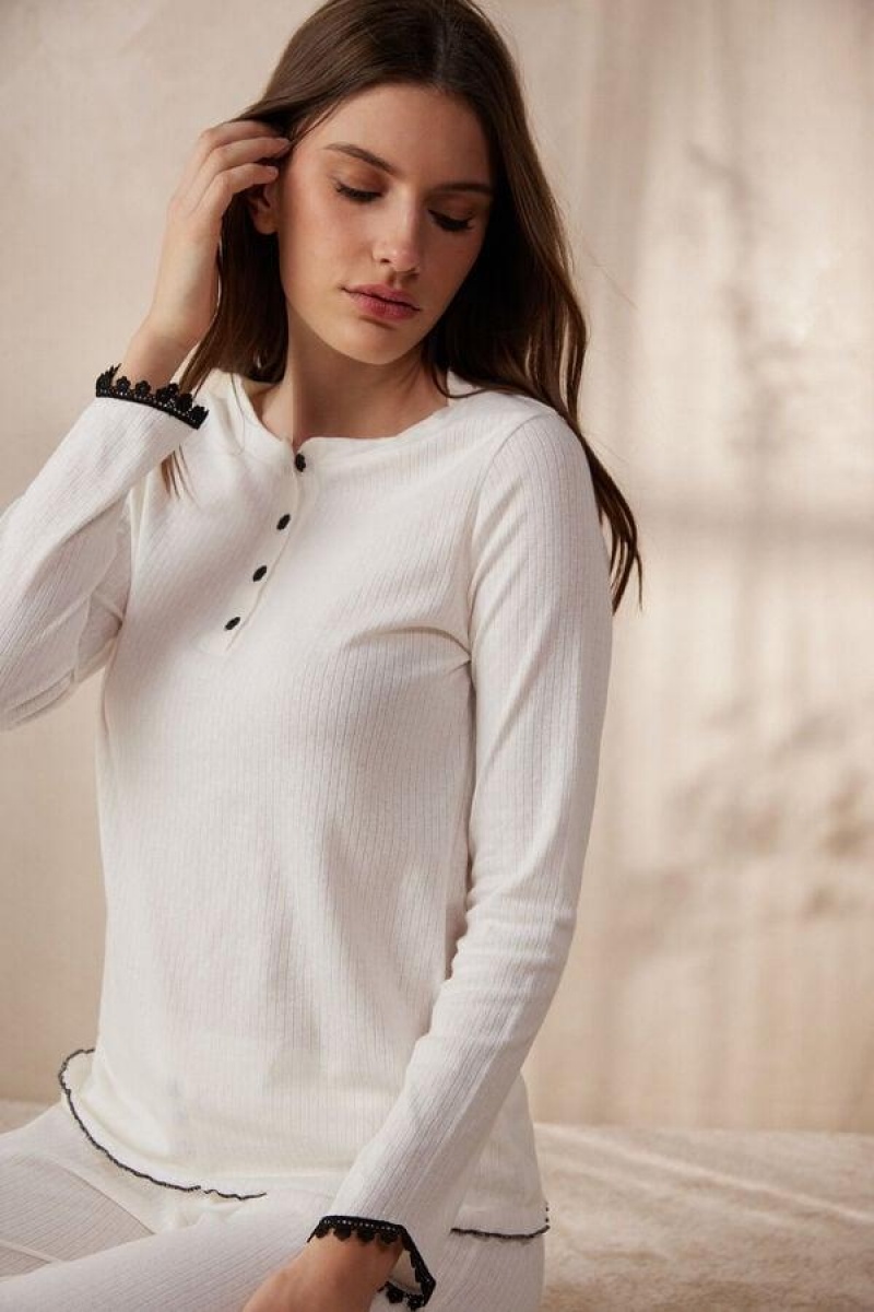 Dámské Pyžama Intimissimi Pure Joy Long Sleeve Henley Top Bílé | CZ LH3920