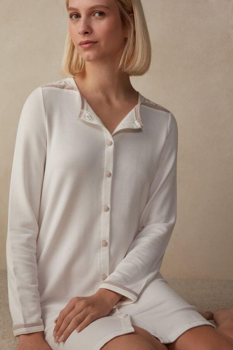 Dámské Pyžama Intimissimi Romantic Bedroom Button Up Night Shirt in Modal with Vlna Bílé Růžové | CZ QZ3835