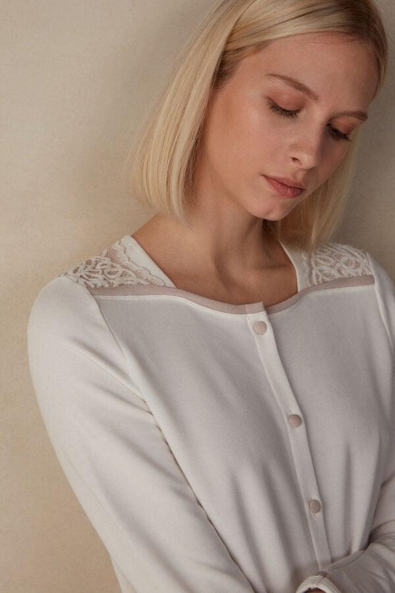 Dámské Pyžama Intimissimi Romantic Bedroom Button Up Night Shirt in Modal with Vlna Bílé Růžové | CZ QZ3835