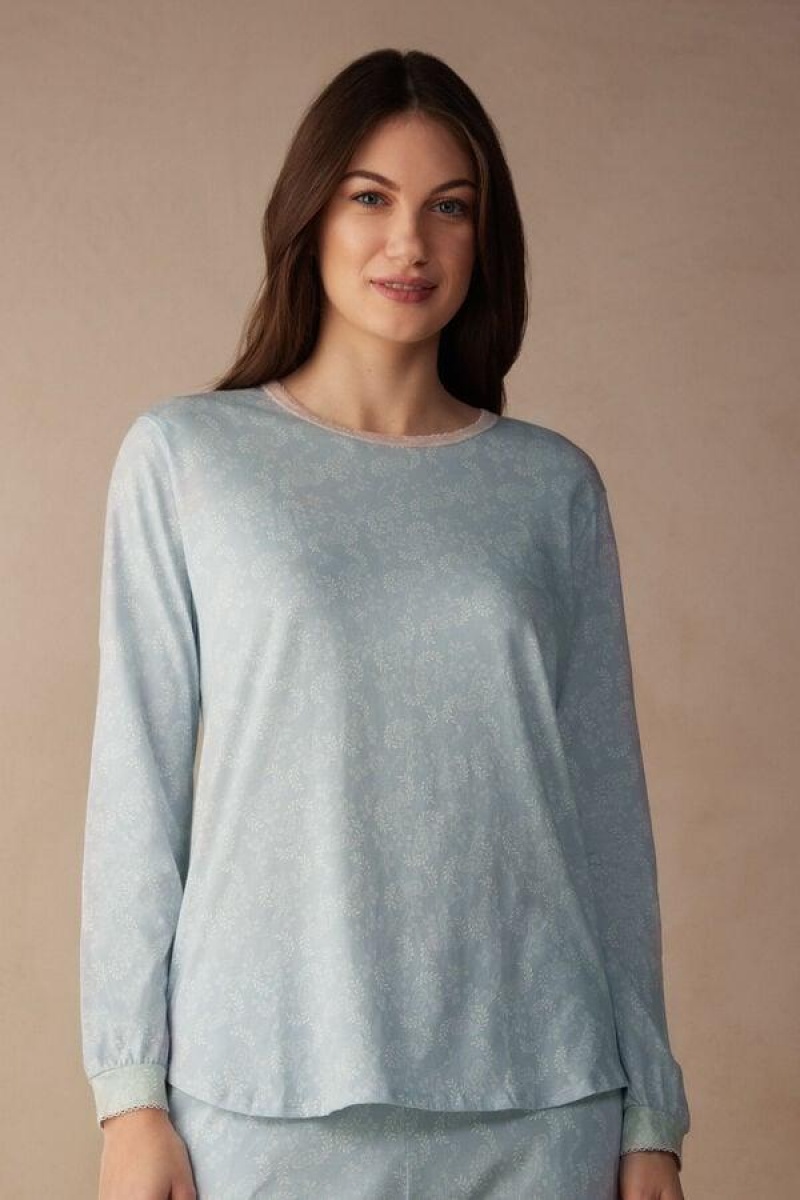 Dámské Pyžama Intimissimi Romantic Cashmere Long Sleeve Bavlněné Top Světle Blankyt | CZ FM3926