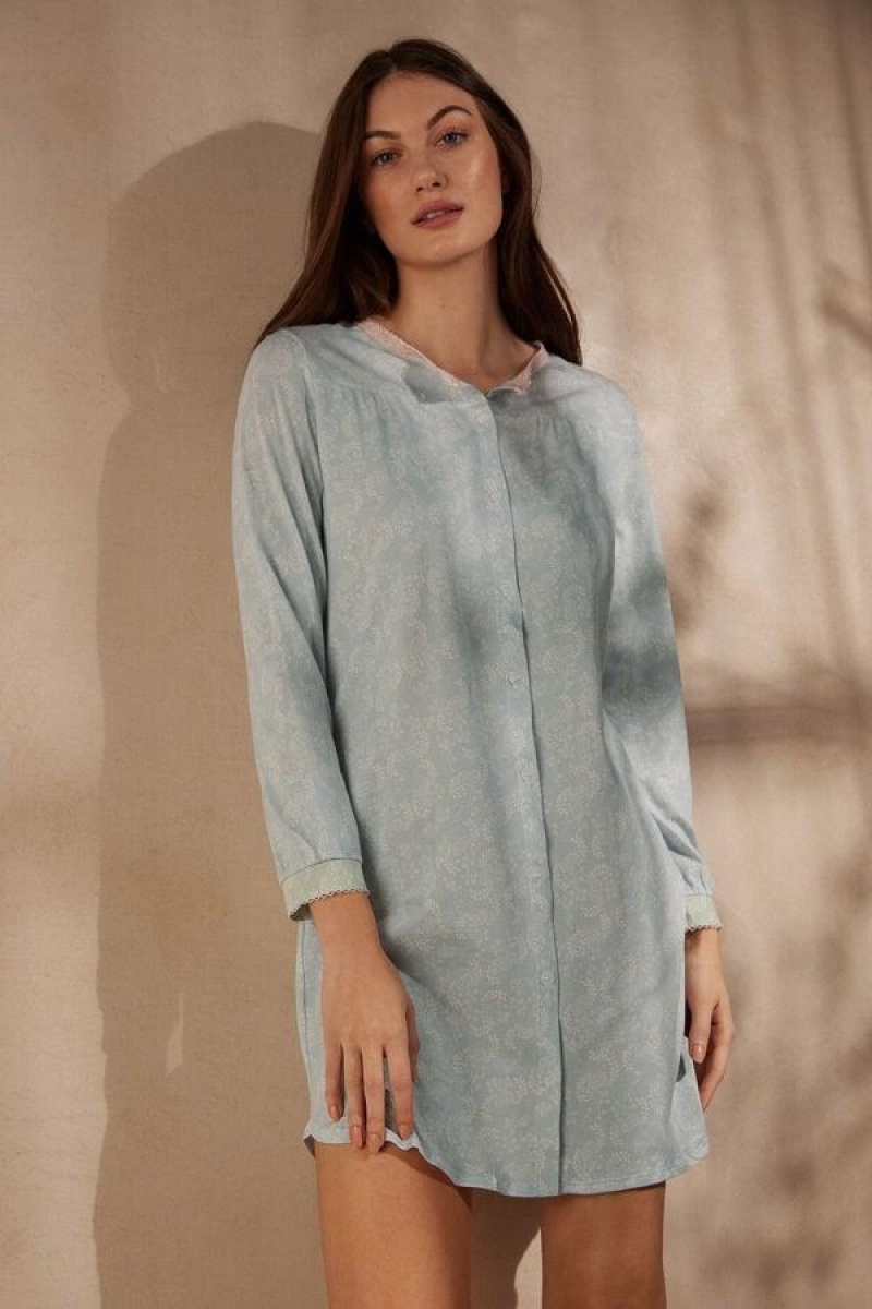 Dámské Pyžama Intimissimi Romantic Cashmere Button Up Night Shirt Světle Blankyt | CZ DN3841