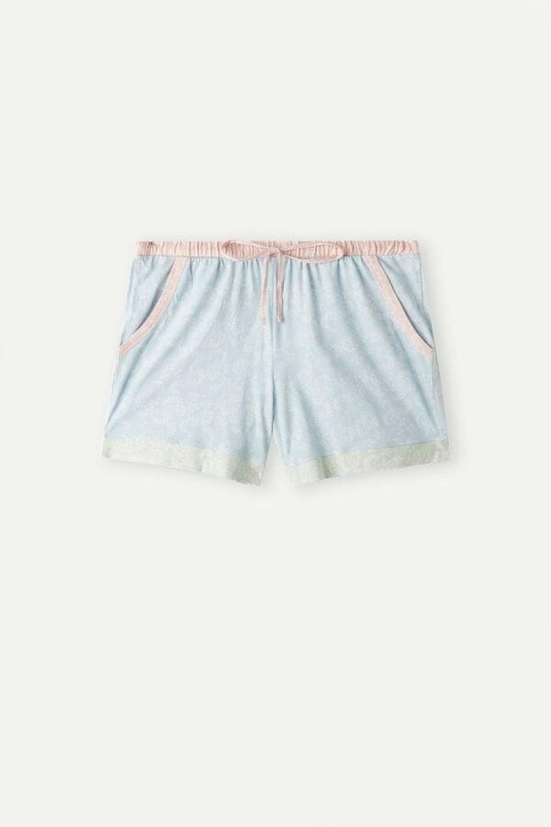 Dámské Pyžama Intimissimi Romantic Cashmere Bavlněné Shorts Světle Blankyt | CZ PQ4086