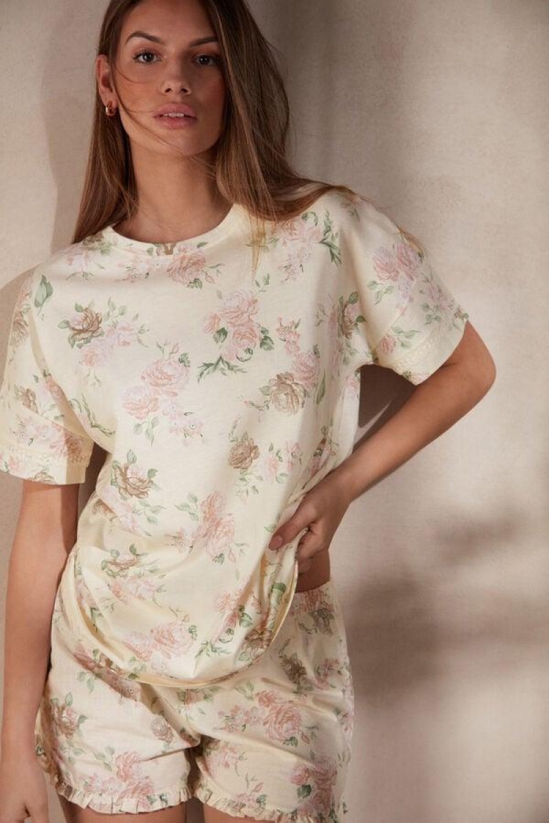 Dámské Pyžama Intimissimi Scent of Roses Krátké Sleeve Bavlněné T-shirt Viacfarebný Bílé | CZ PQ3955