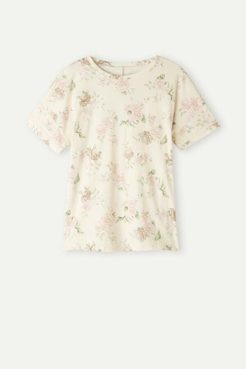 Dámské Pyžama Intimissimi Scent of Roses Krátké Sleeve Bavlněné T-shirt Viacfarebný Bílé | CZ PQ3955