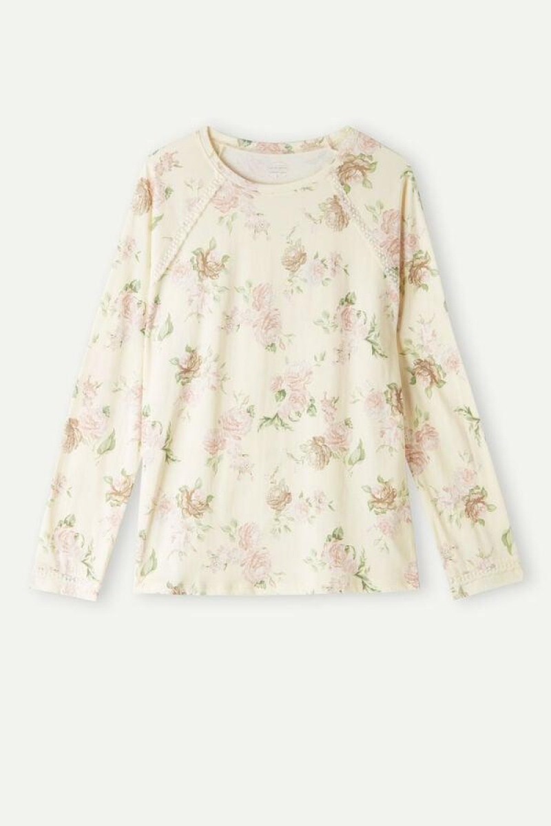 Dámské Pyžama Intimissimi Scent of Roses Long Sleeve Bavlněné T-shirt Viacfarebný Bílé | CZ HK3923