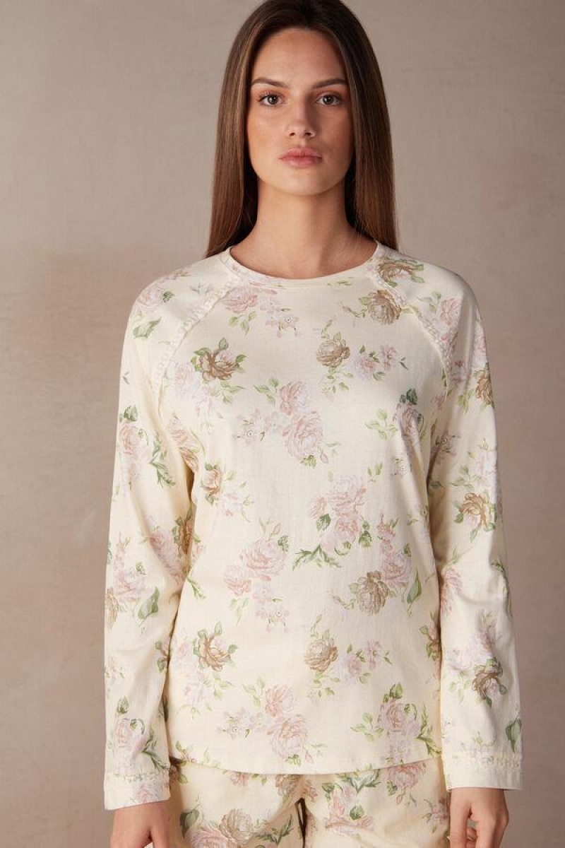 Dámské Pyžama Intimissimi Scent of Roses Long Sleeve Bavlněné T-shirt Viacfarebný Bílé | CZ HK3923