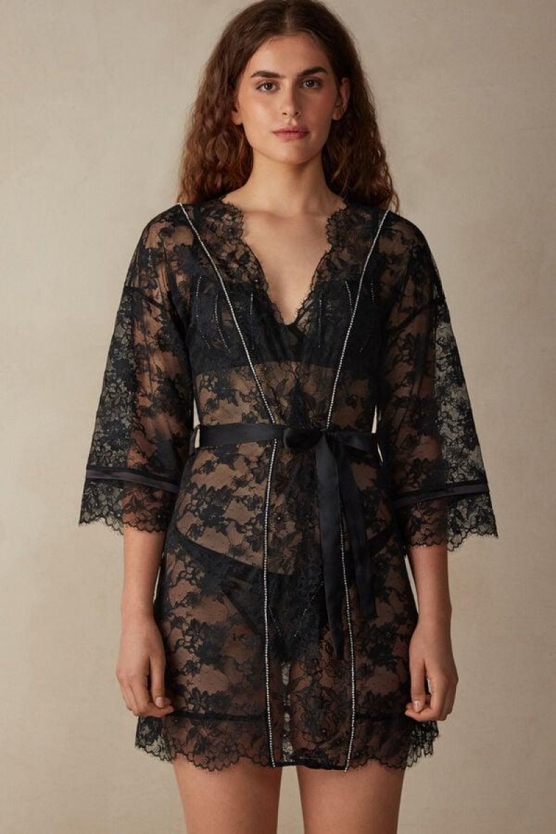 Dámské Pyžama Intimissimi Shine High Like Stars Krajkové Kimono Černé | CZ UT3854