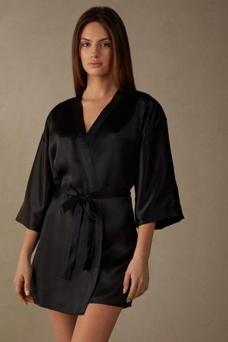 Dámské Pyžama Intimissimi Silk Kimono Černé | CZ PQ3844