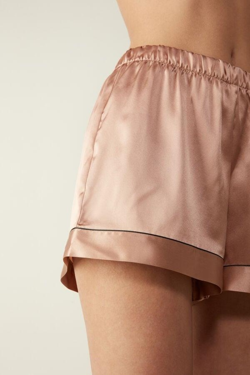 Dámské Pyžama Intimissimi Silk Shorts with Contrast Trim Růžové | CZ IS4061