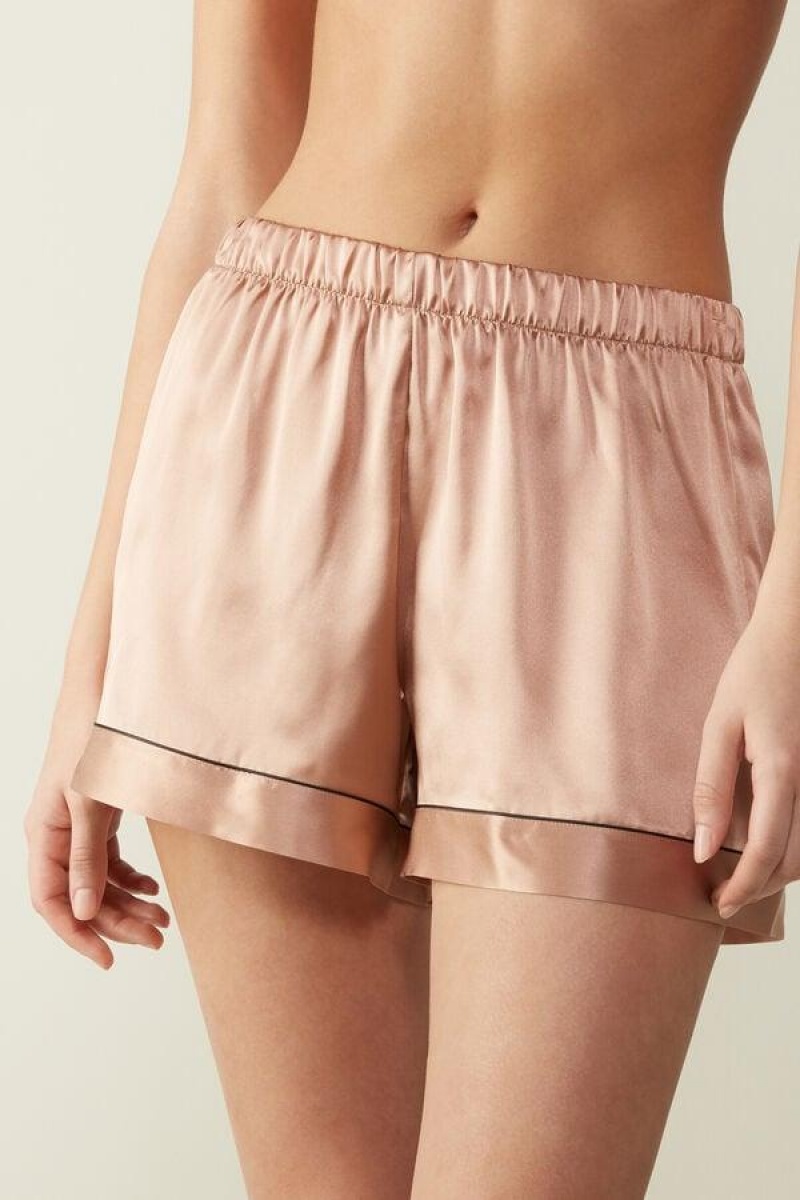 Dámské Pyžama Intimissimi Silk Shorts with Contrast Trim Růžové | CZ IS4061