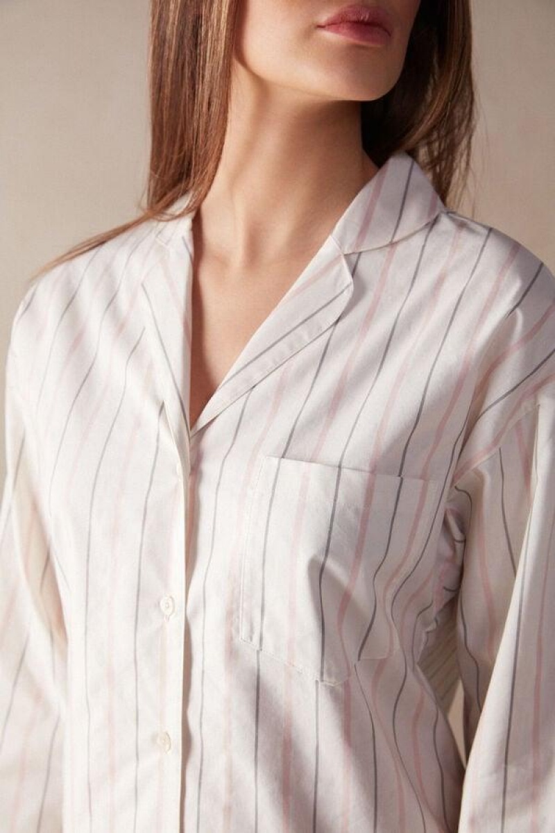 Dámské Pyžama Intimissimi Soft Spring Long Sleeve Button-Up Shirt Béžový Růžové Proužek | CZ KI3921