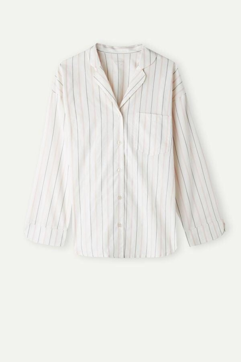 Dámské Pyžama Intimissimi Soft Spring Long Sleeve Button-Up Shirt Béžový Růžové Proužek | CZ KI3921