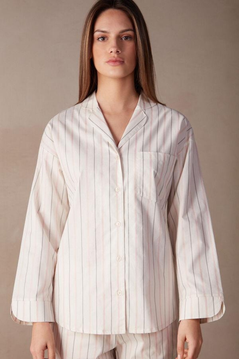 Dámské Pyžama Intimissimi Soft Spring Long Sleeve Button-Up Shirt Béžový Růžové Proužek | CZ KI3921