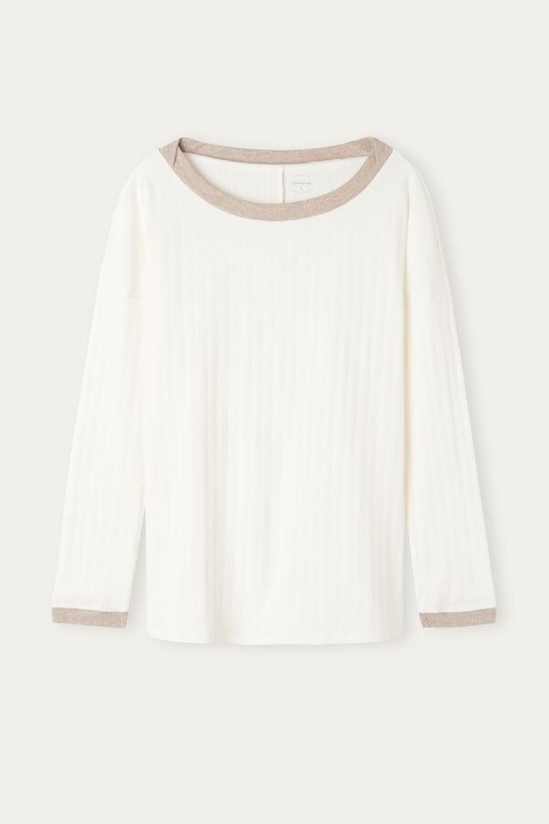 Dámské Pyžama Intimissimi Žebrovaný Bavlněné Bateau Neck Long Sleeve Top Bílé | CZ IS3880