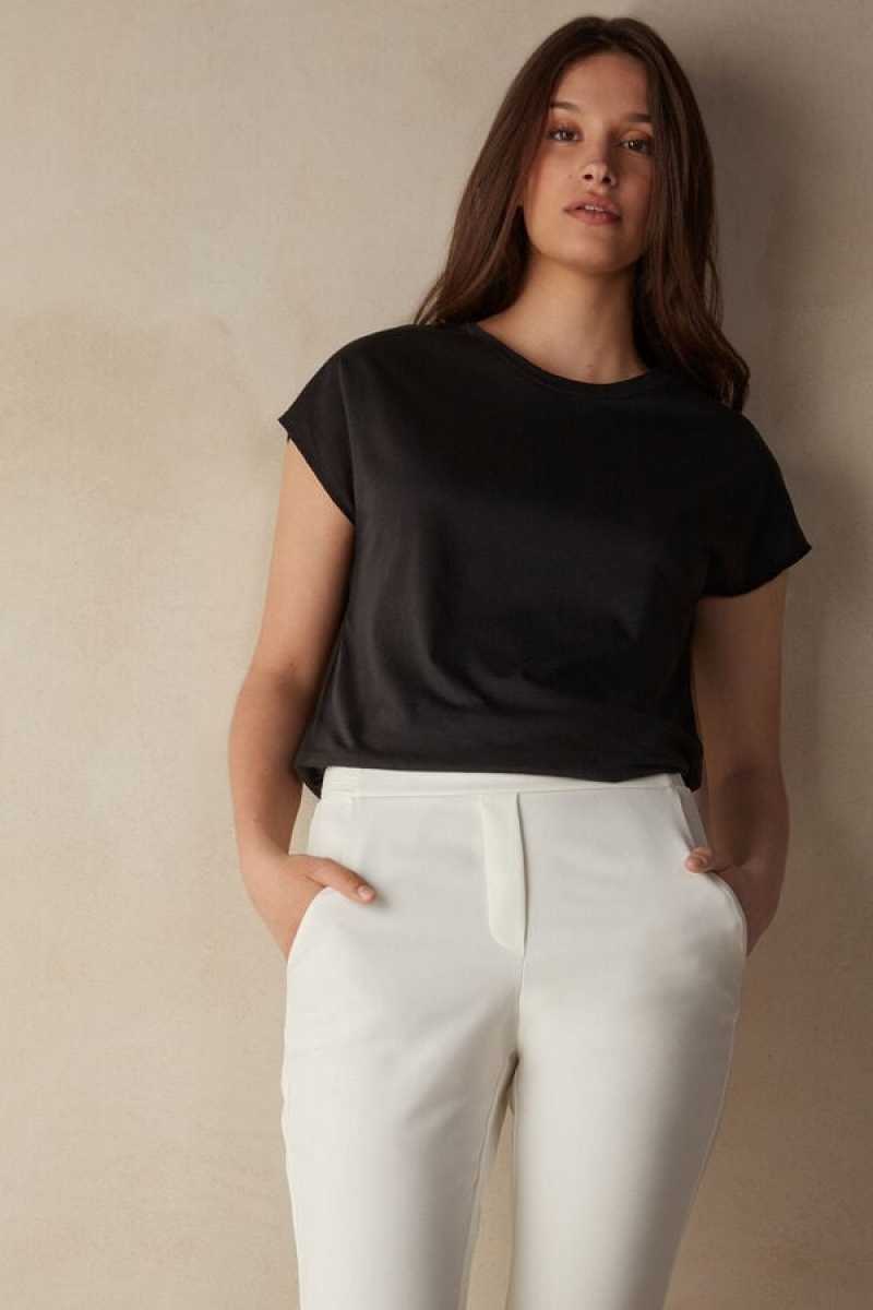 Dámské Short Sleeve Intimissimi Crew Neck Top in Supima® Ultrafresh cotton Černé | CZ WY4198