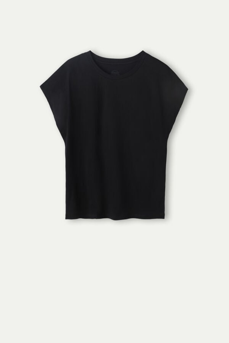 Dámské Short Sleeve Intimissimi Crew Neck Top in Supima® Ultrafresh cotton Černé | CZ WY4198