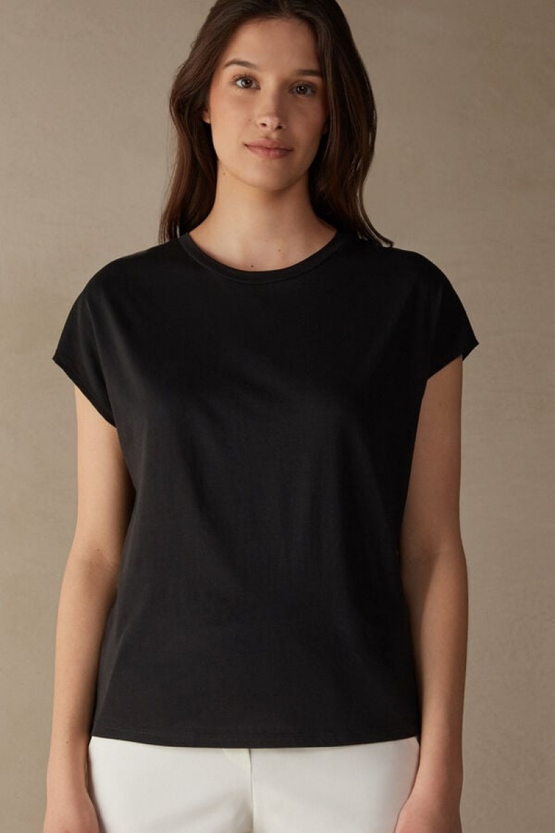 Dámské Short Sleeve Intimissimi Crew Neck Top in Supima® Ultrafresh cotton Černé | CZ WY4198