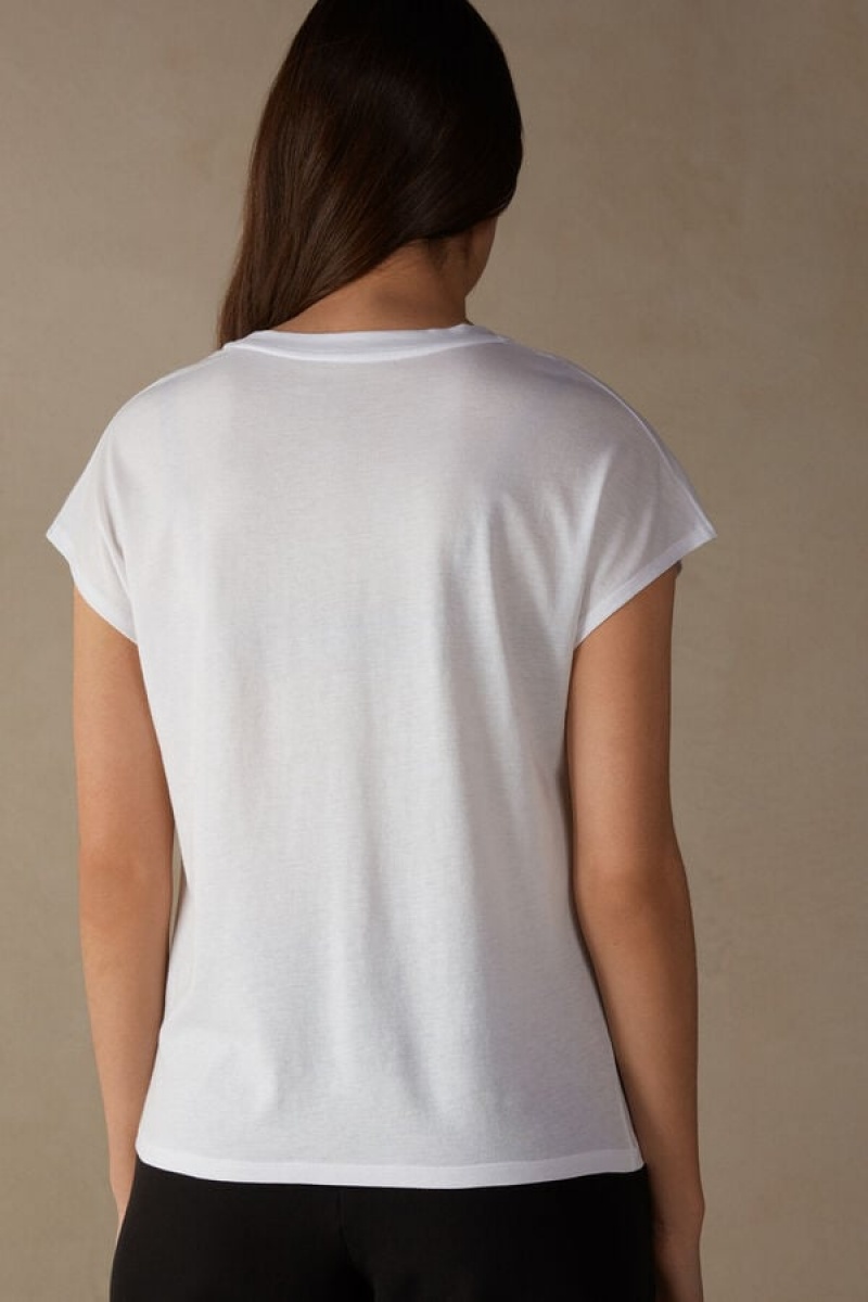 Dámské Short Sleeve Intimissimi Crew Neck Top in Supima® Ultrafresh cotton Bílé | CZ EX4197