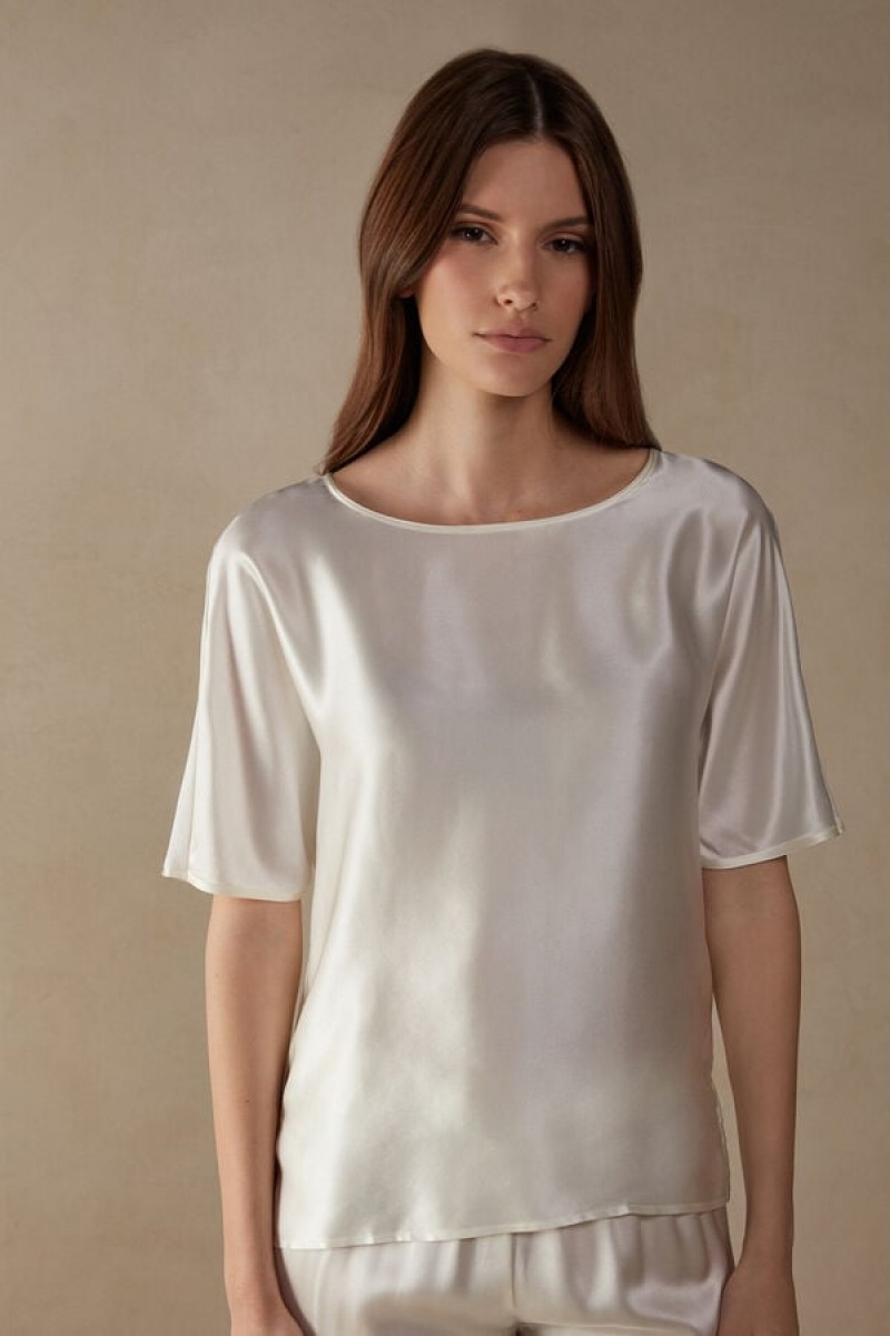 Dámské Short Sleeve Intimissimi Silk and Modal Top Bílé | CZ HK4202